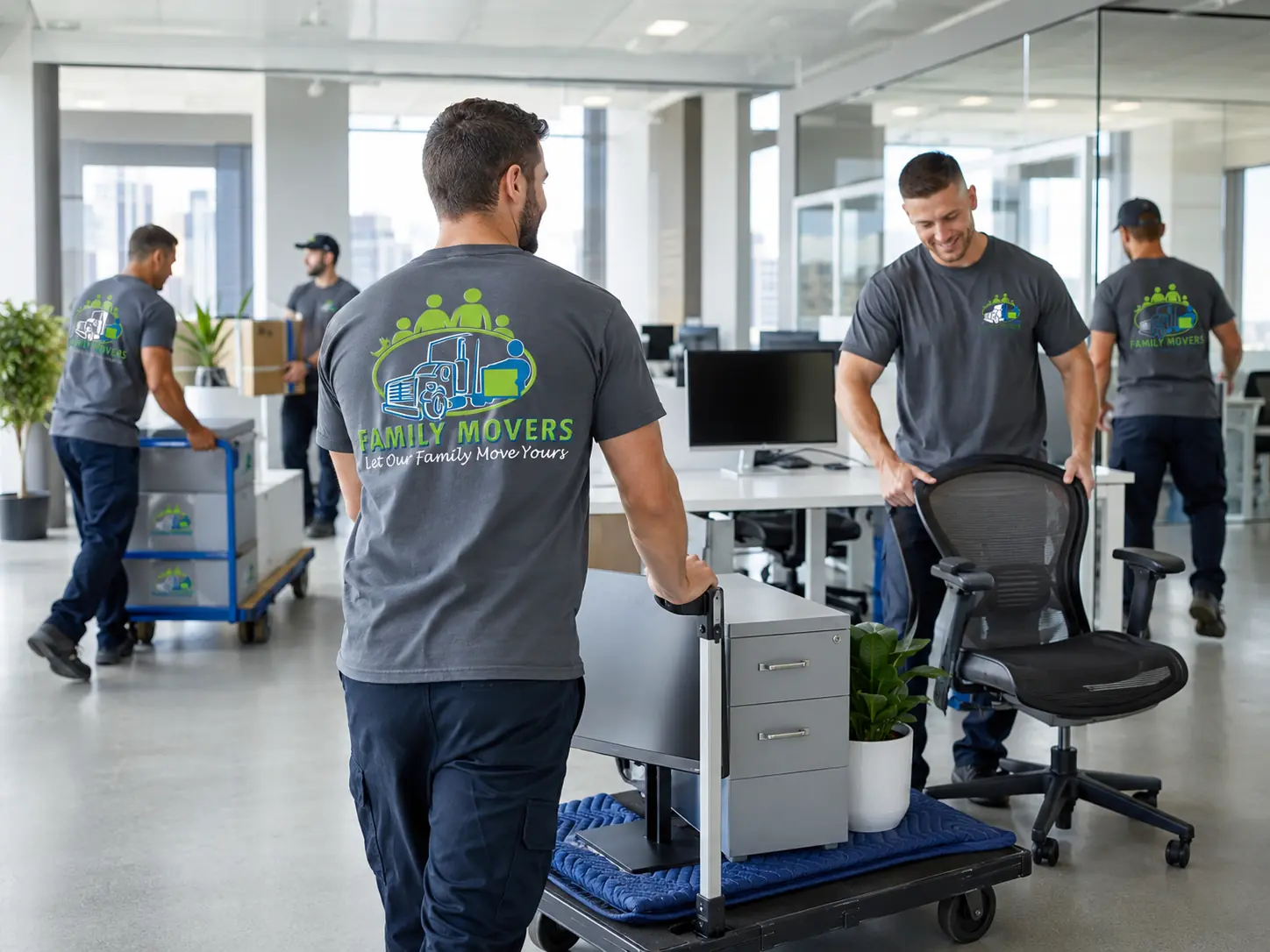 Family Movers crew — crew moving office equipment