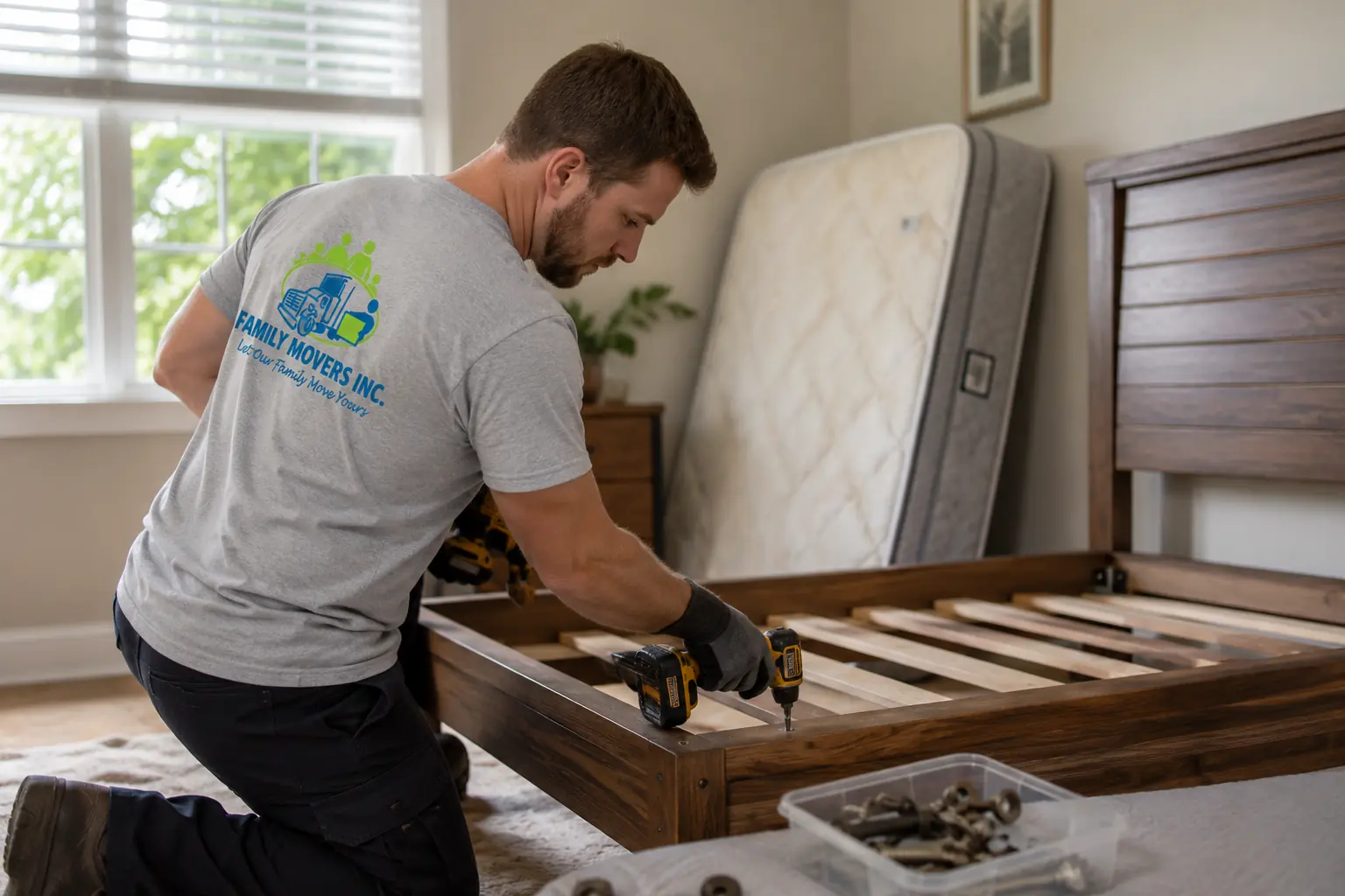 Family Movers crew — mover disassembling a bed frame