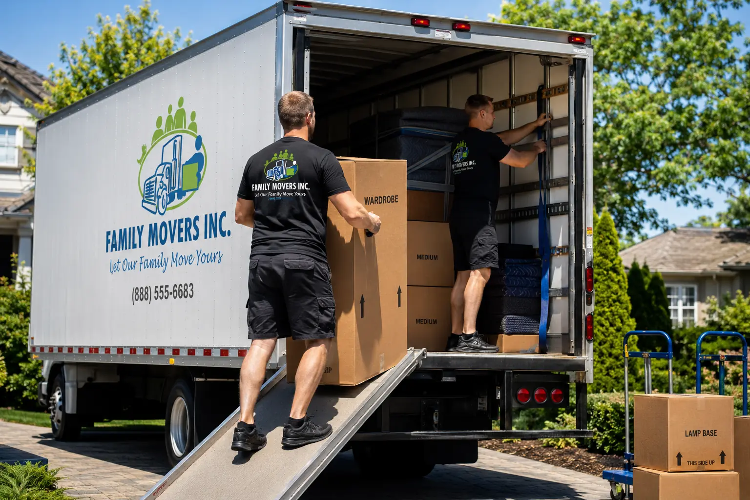 Family Movers crew — movers loading a rental truck